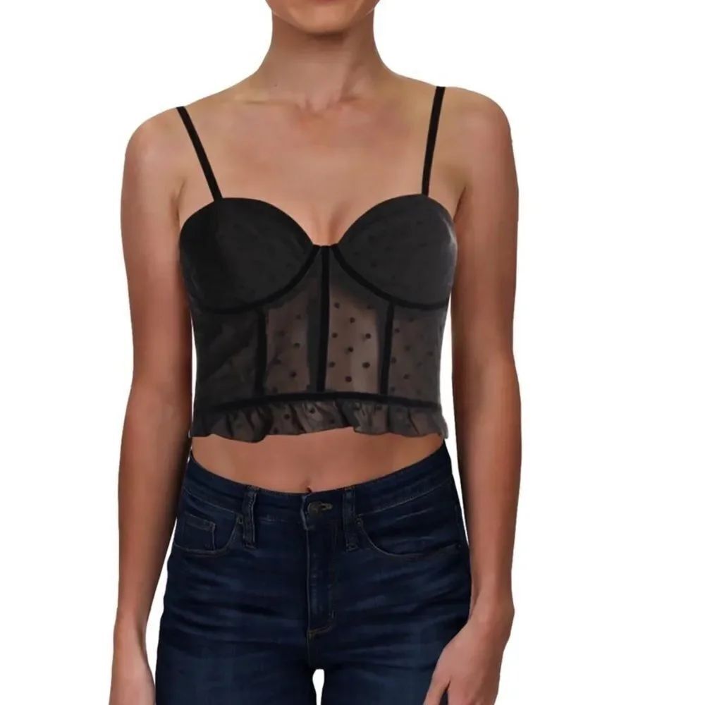 Black Velvet Polk Dot Ruffle Trim Cropped Corset Bustier Top NEW